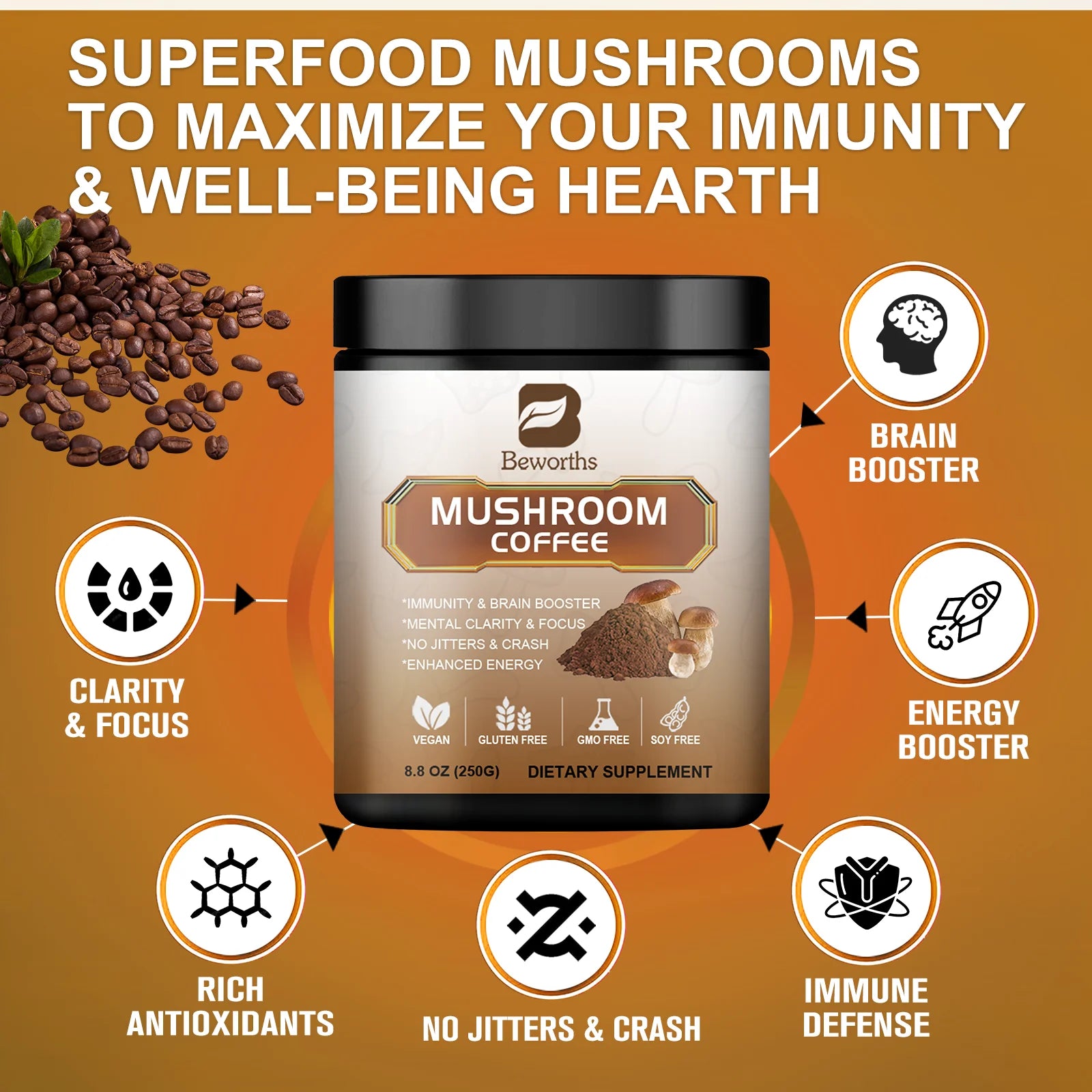 Mushroom Coffee Supplement with Cordyceps, Reish, Lion's Mane For Energy, Focus, Positive Mood And Immune Support