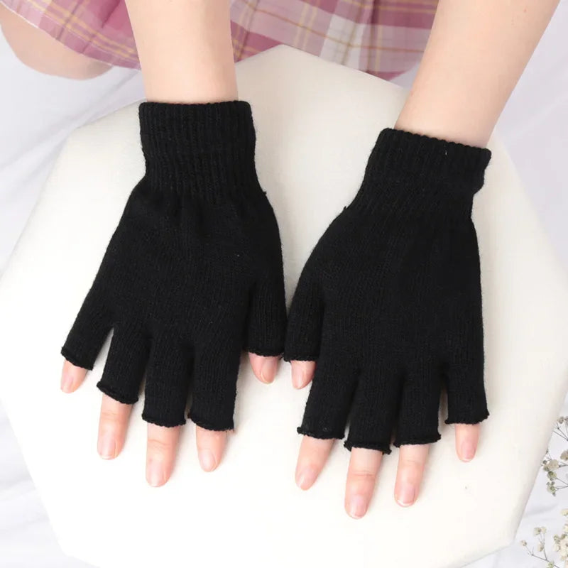 Unisex Black Half Finger Fingerless Gloves Wool Knit Cotton Winter Warm Work Mittens for Women And Men