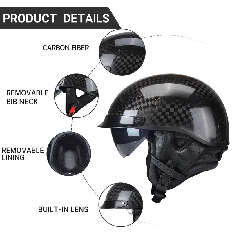Light Weight 12K Gloss Black Carbon Fiber Scooter Motorcycle Half Face Helmet Motobike Helmet Inner Dark and Clear Lens