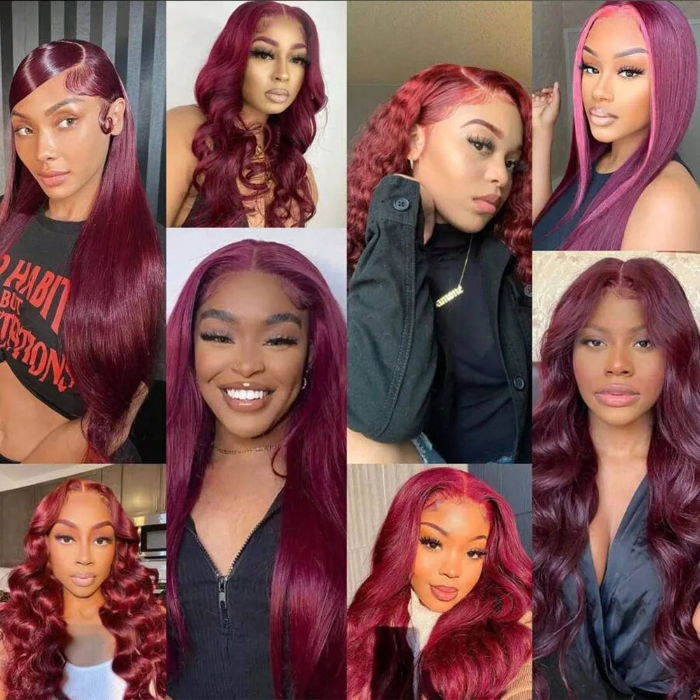 34 Inch 99j Burgundy Red 13X4 Straight Lace Front Wigs Human Hair Transparent Lace Frontal Wigs For Women 250% Density