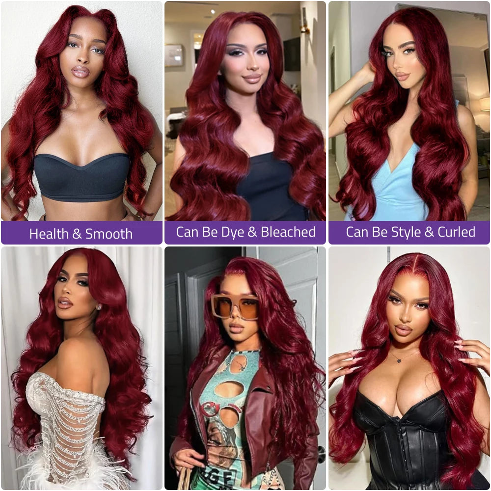 Burgundy Colored 13x4 HD Body Wave Lace Front Wig Human Hair 99J Red 13x6 HD Lace Frontal Wig 200 Density 30 40 Inch Remy Hair