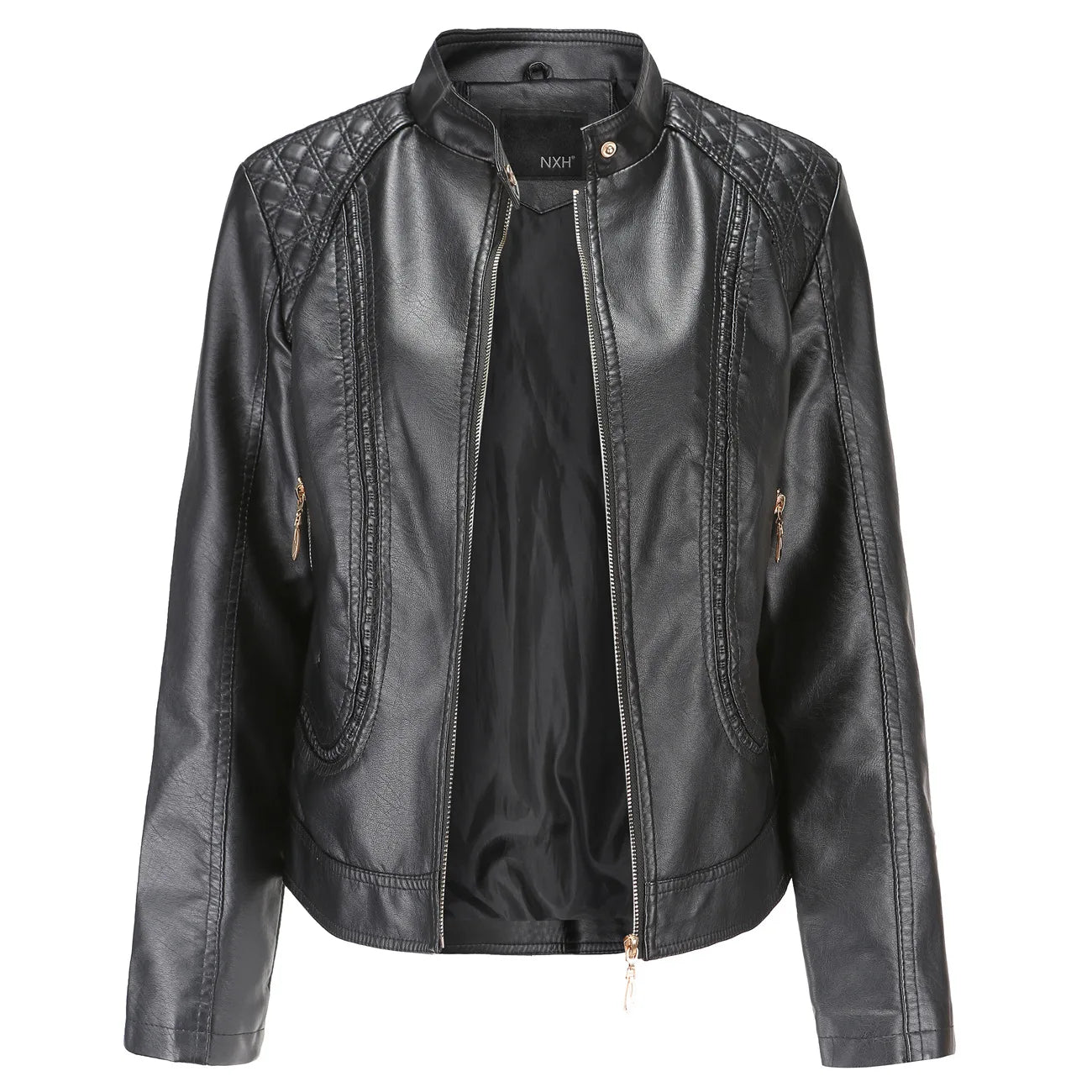 Punk Leather Jacket for Women, Large Standing Neck, Motorcycle Coat, Spring and Autumn Clothing, Temperament