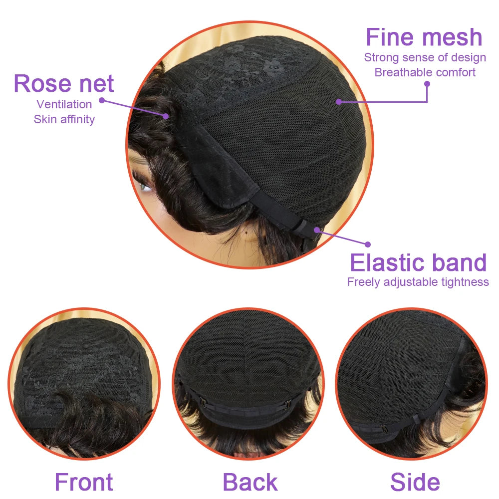 Pixie Cut Brazilian Straight Human Hair 150% Density 6inch Orange with Bangs - Full Machine Made Wig, Rose Net Cap