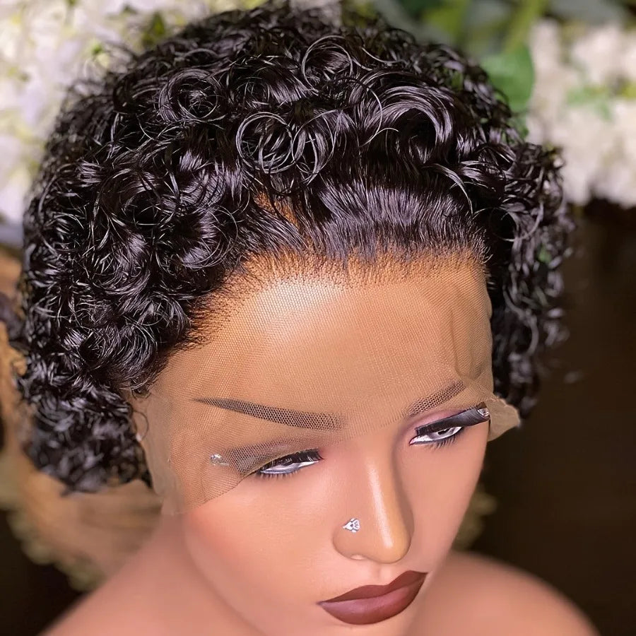 Pixie Cut Wigs Human Hair Short Curly Lace Front Human Hair Wigs Brazilian 13x4 Transparent Lace Wigs Water Wave Bob Wig