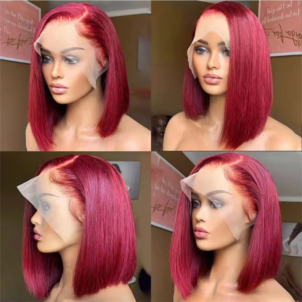 8-14 Inch 99J Bob Burgundy 200% Density Wigs Remy Human Hair Wigs 13x4 HD Lace Frontal Wigs Pre Plucked Remy Hair Brazilian Hair