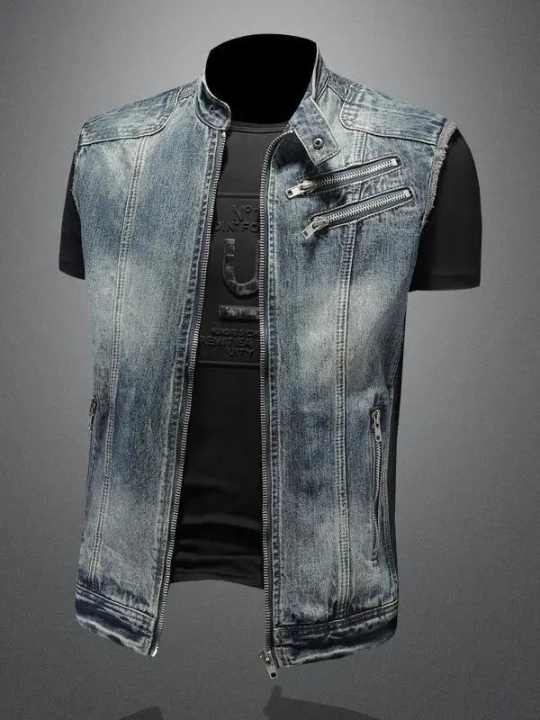 Retro Denim Motorcycle Riding Vest Men's Fashion Spring Autumn New Style Sleeveless Biker Vest Harley Riding Jacket
