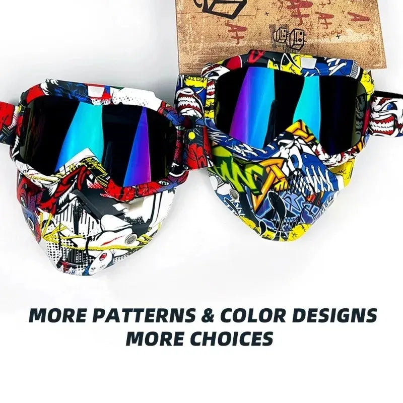 Motorcycle Glasses Riding Glases with Removable Face Mask, Removable Anti-fog Glasses, Mouth Filter, Adjustable Anti-slip Strap