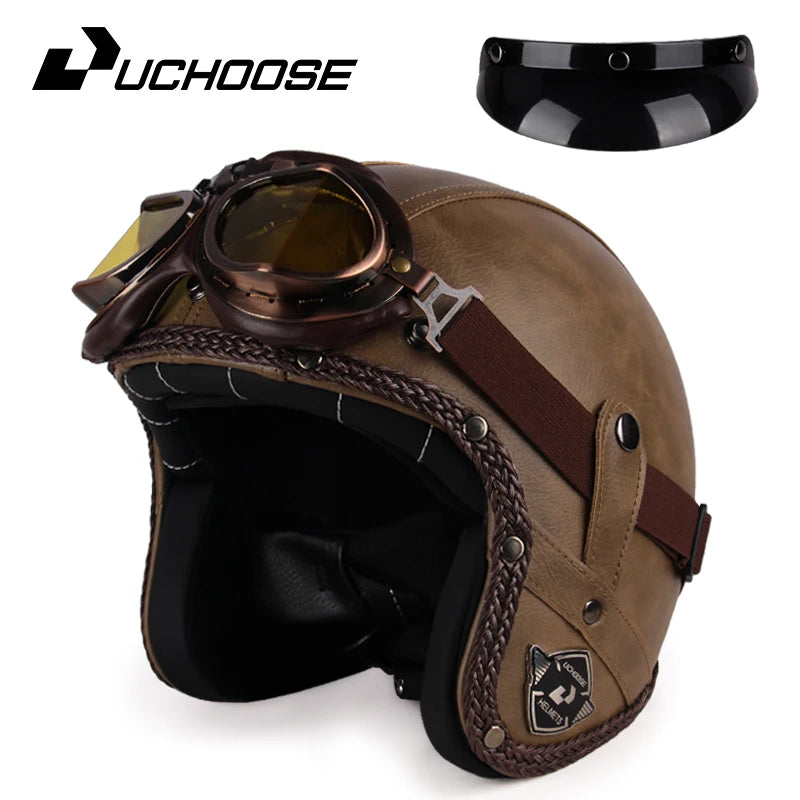 UCHOOSE Retro Motorcycle Helmet PU Leather Open Face 3/4 Chopper Bicycle Helmets Classic Casco Moto Vintage