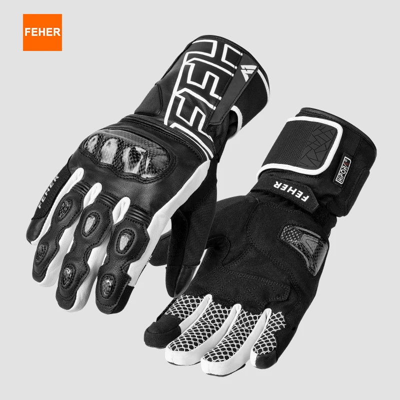 FEHER Winter Motorcycle Riding Gloves Waterproof Touchscreen Leather Keep Warm Finger Joint Carbon Fiber Design Motorbike Gloves