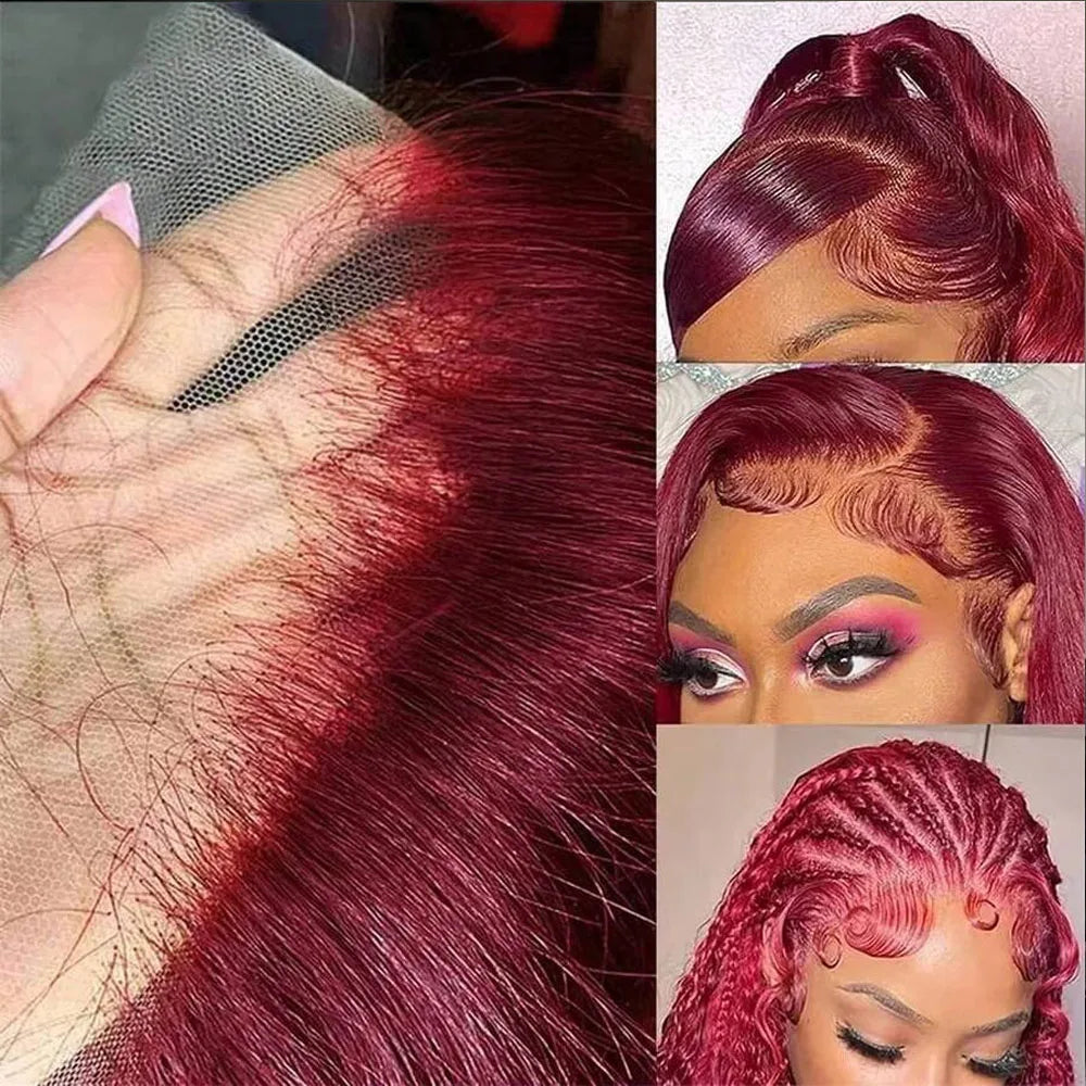 34 Inch 99j Burgundy Red 13X4 Straight Lace Front Wigs Human Hair Transparent Lace Frontal Wigs For Women 250% Density