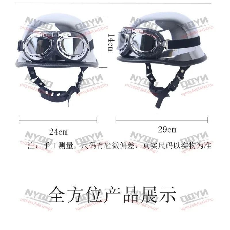 DOT Approved Chrome Silver Mirror German Style Motorcycle Half Helmet Vintage Pilot Helmet for Chopper Biker with Free Goggles