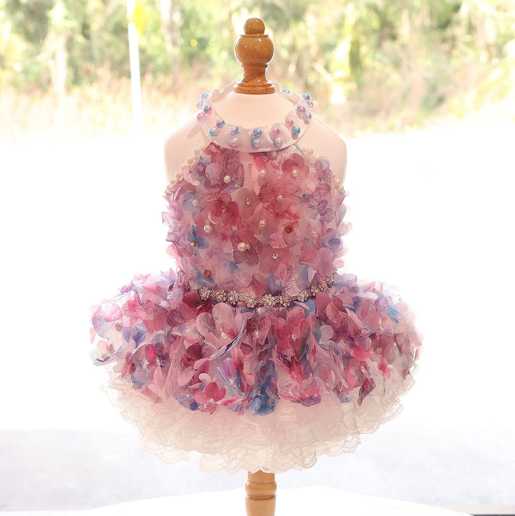 Handmade Pastel Floral Pet Dress with Pearl Collar & Lace Tutu - Party Outfit