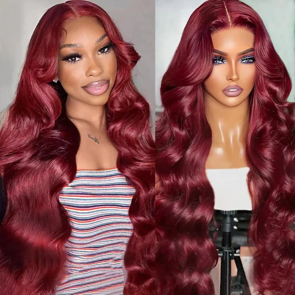 99J Body Wave 13x6 Lace Frontal Human Hair Wig 200 Density PrePlucked Red Burgundy Colored 13x4 Hd Lace Front Wigs for Women