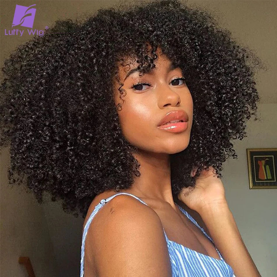 Short Curly Human Hair Wigs with Bangs Brazilian Afro Kinky Curly Wig Scalp Base Top Full Machine Made Wig with Bangs for Women