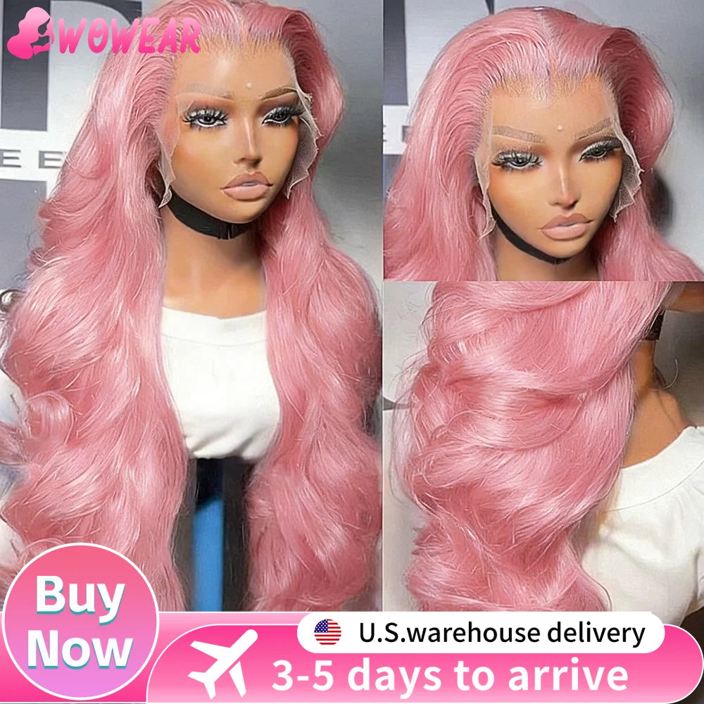 Brazilian Colored 38 Inch Lace Front Wigs Pink Wig Body Wave Human Hair Wigs 100% 13X6 Hd Lace Frontal Wig 220 Density For Women