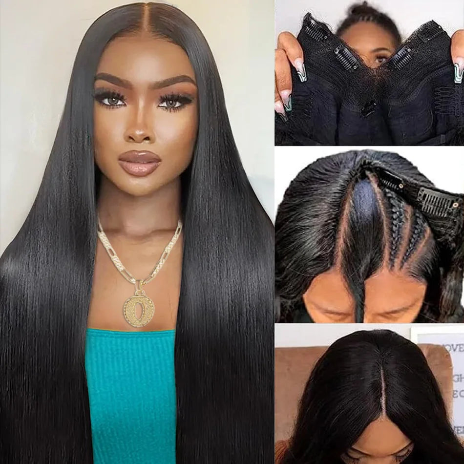 V Part Wigs Human Hair Straight Human Hair Wigs No Leave Out No Sew-In Glueless 220 Density Natural Black Beginner Friendly