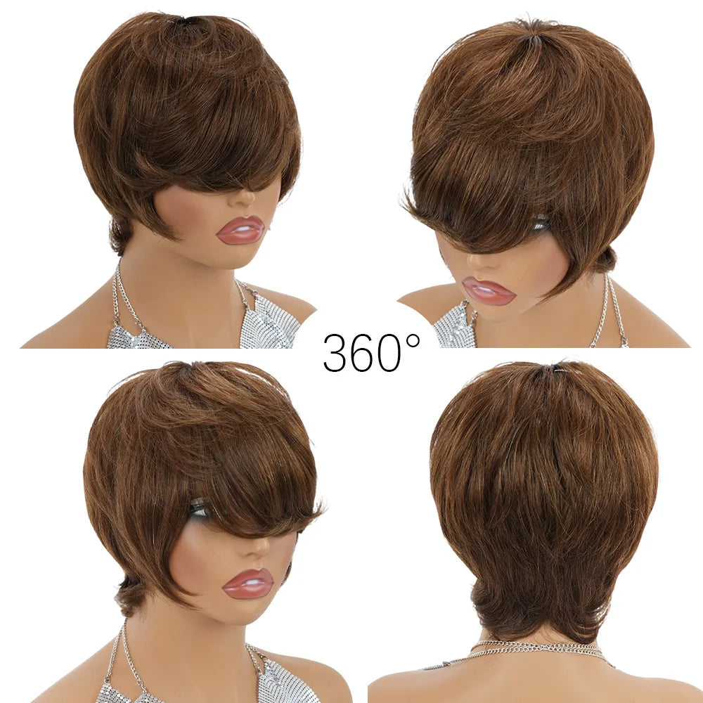 Short Straight Brown Textured Pixie Cut Human Hair Wig With Bangs Brazilian Remy layered shaggy pixie Wigs Machine Made
