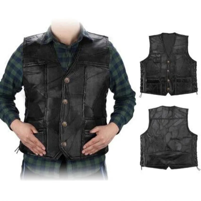 Motorcycle Pu Leather Vest Male Sleeveless Trendy Fashionable Jacket Button Casual Waistcoat Men Solid Color Vest Large Size