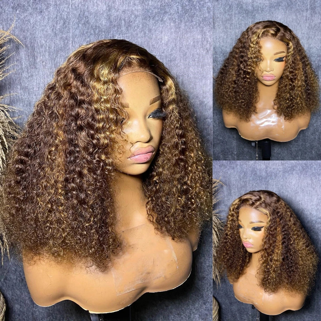 Highlight Color Short Bob Wig Deep Culry 13x4 Lace Frontal Human Hair Wigs 220% Density #4/27 Highlight Brown Deep Curly Bob Wig