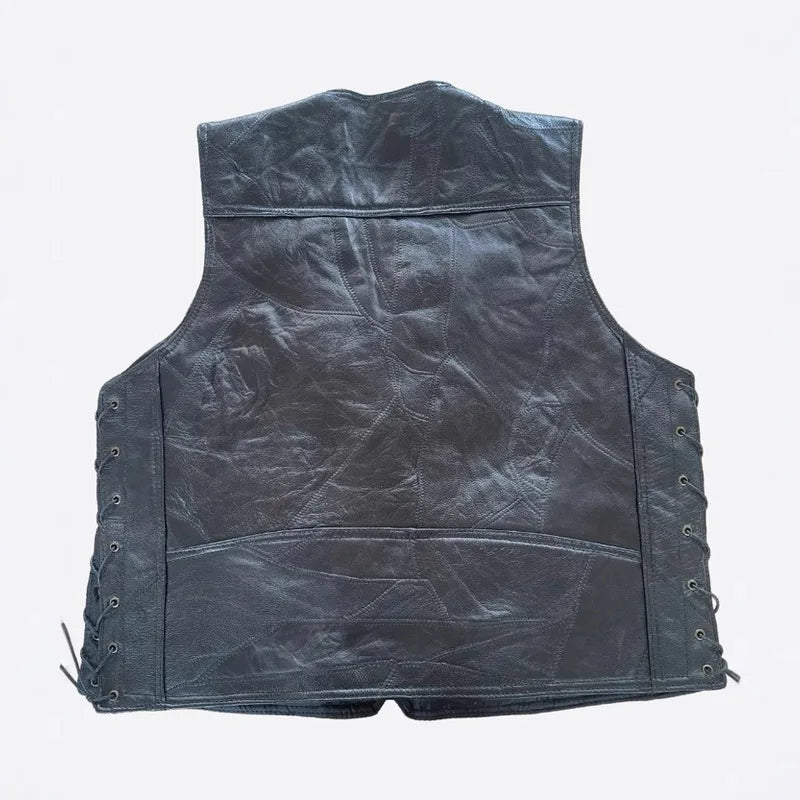 Classic Motorcycle Harley wind Leather Vest Men Tank Top Genuine Sheepskin Riding Vest Black Clean Version Tied Rope Snowmobile