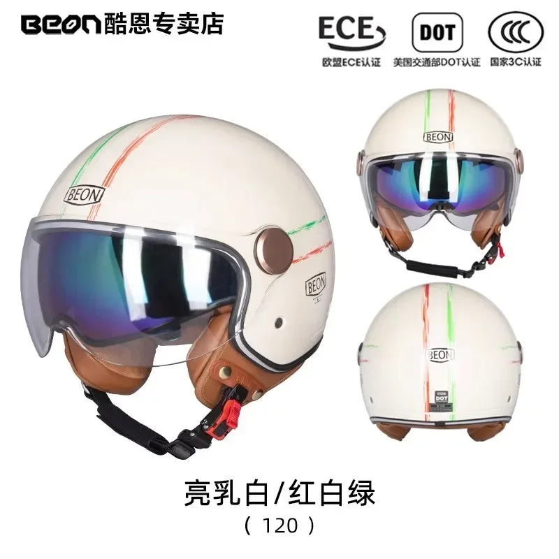 BEON Motorcycle Retro Style Helmet Electric Bike Riding Three-quarters Half Helmet Lightweight Dual Lens Safety Helmet