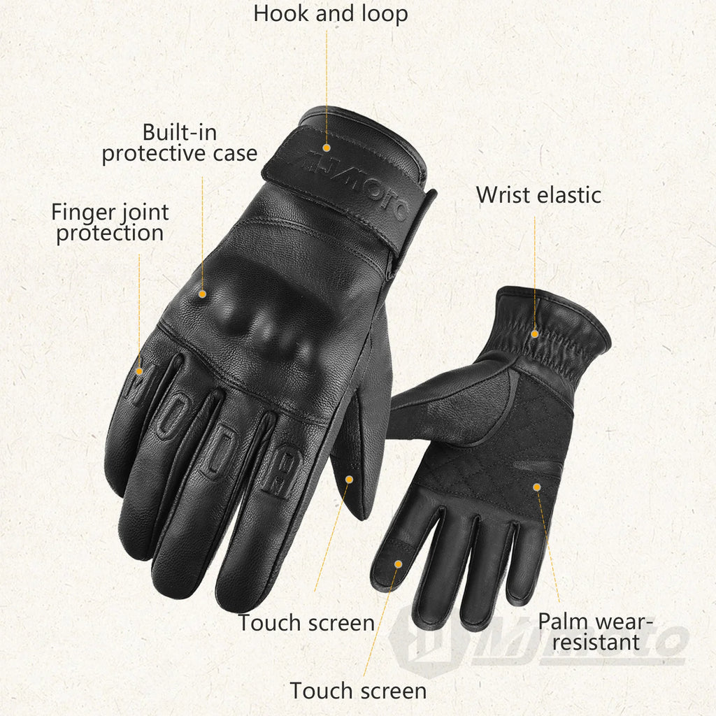 Retro Winter Motorcycle Leather Gloves with Certified Lined with Fleece for Warmth Protective Anti-fall Touch Motocross Gloves