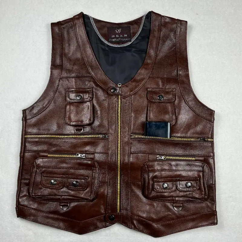 Cowhide Genuine Leather Vest Waistcoat Male clothing Jacket Thick Motorcycle Multi Pocket leather biker Men safety vest JJ134