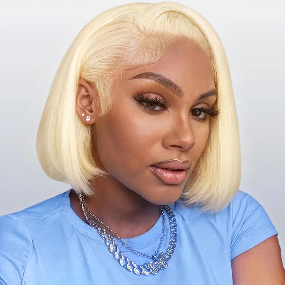 Blonde Straight 613 Short Bob 13x4 HD Lace Frontal Wigs Brazilian Human Hair Glueless Transparent Lace Front Wig 220% Density