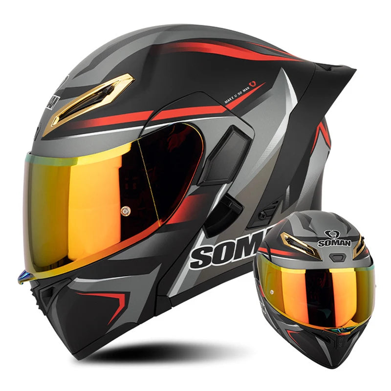 DOT Approved Men Motorcycle Helmet Dual Lens Flip Up Helmets Vintage Retro Full Face Moto Helmet Double Lens Modular Helm