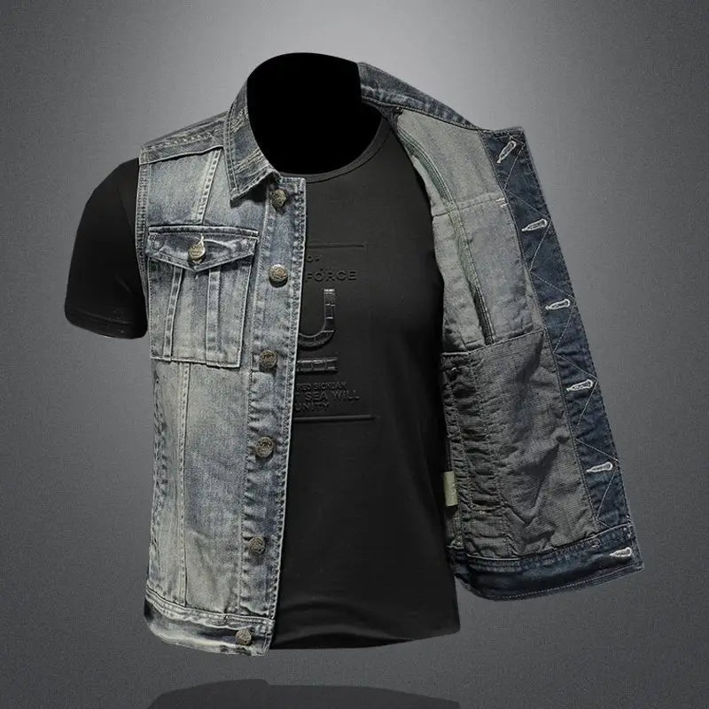 Men's denim jackets vintage fashion streetwear motorcycle riding jersey vests high street fashion versatile denim vests menswear