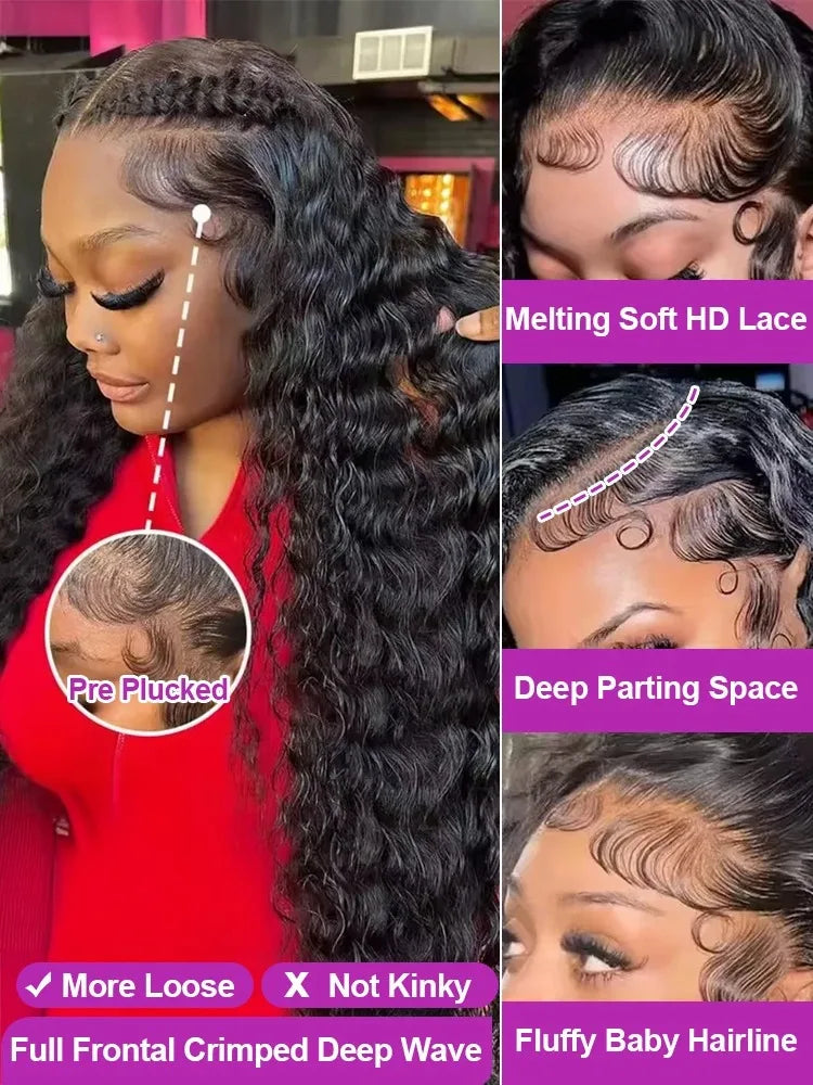 250 Density 13x6 Kinky Curly HD Lace Frontal Wigs Brazilian 42 40 Inch Water Deep Wave 13x4 Lace Front Human Hair Wig For Women