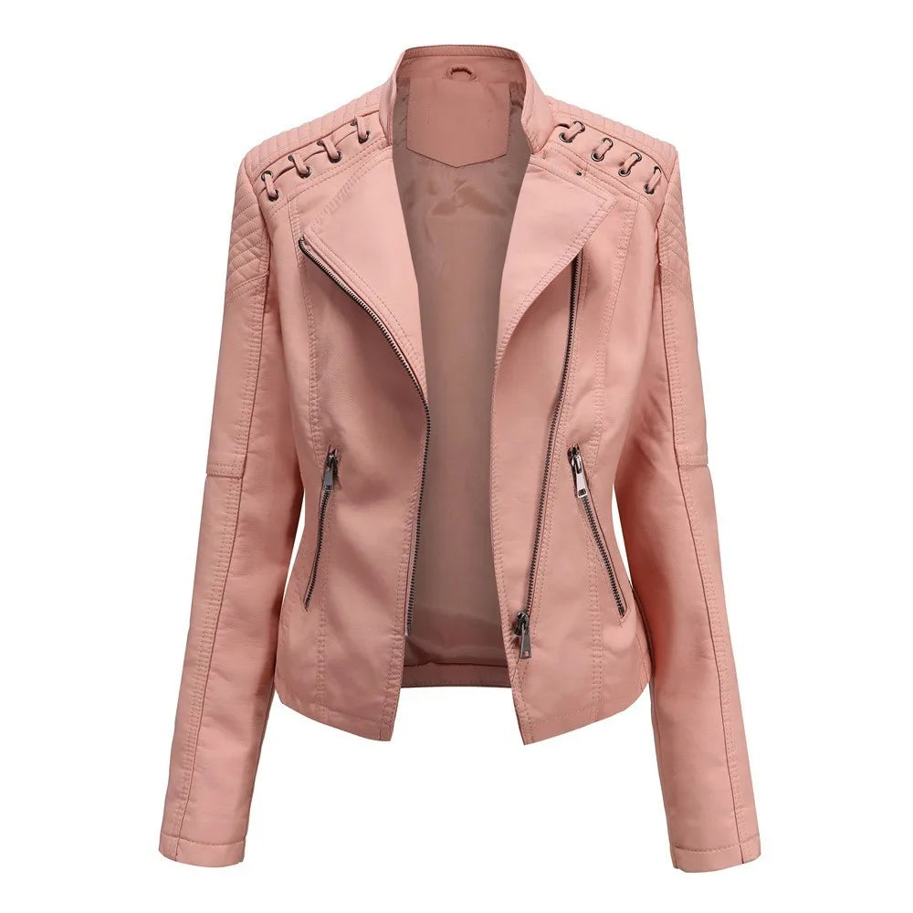 Spring Autumn Women's Clothing Slim Fit PU Leather Jacket For Woman Motorcycle Biker Style Short Coat With Notched Collar