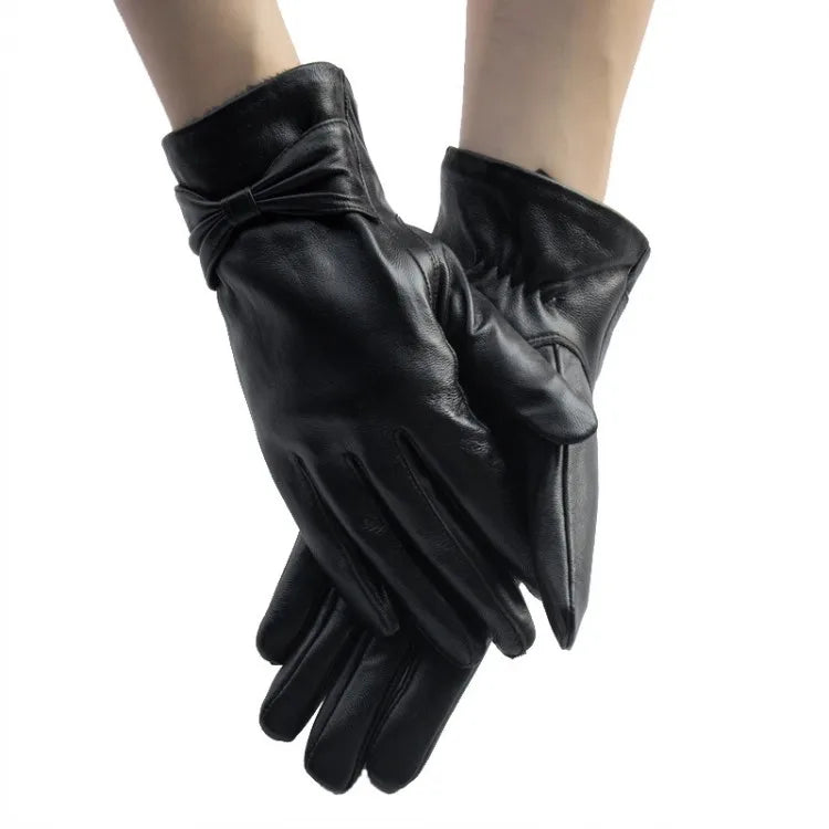 New Women Bowknot Real Sheepskin Gloves Winter Warm Fleece Lining Genuine Leather Driving Mittens Moto Biker Riding Gloves