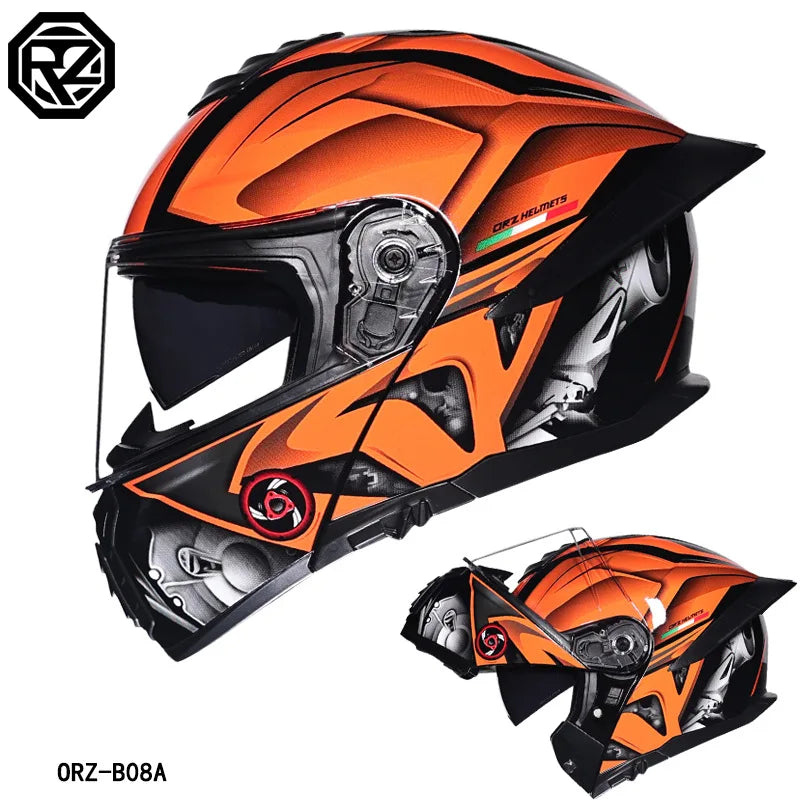 ORZ Motorcycle Helmet Dual Visor Modular Flip Up Full Face Helmet Cascos Para Moto Motocross Night Vision Lens DOT Approved