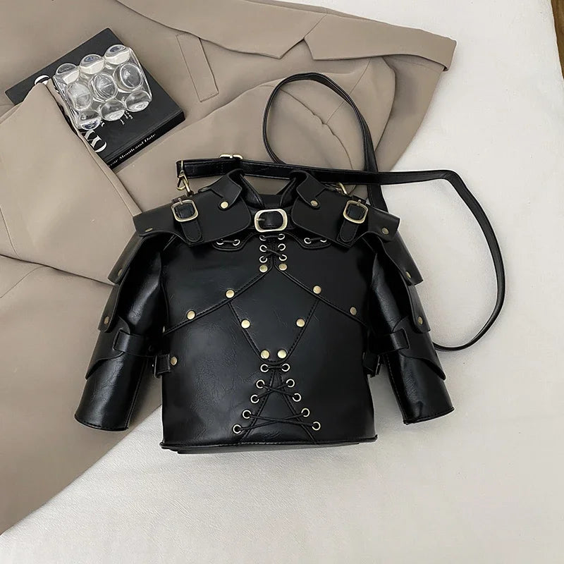 European Brand Design Tactical  Motorcycle Bags Women Clothing Shoulder Rivet Zipper Jacket Bag Black Leather Messenger Handbag