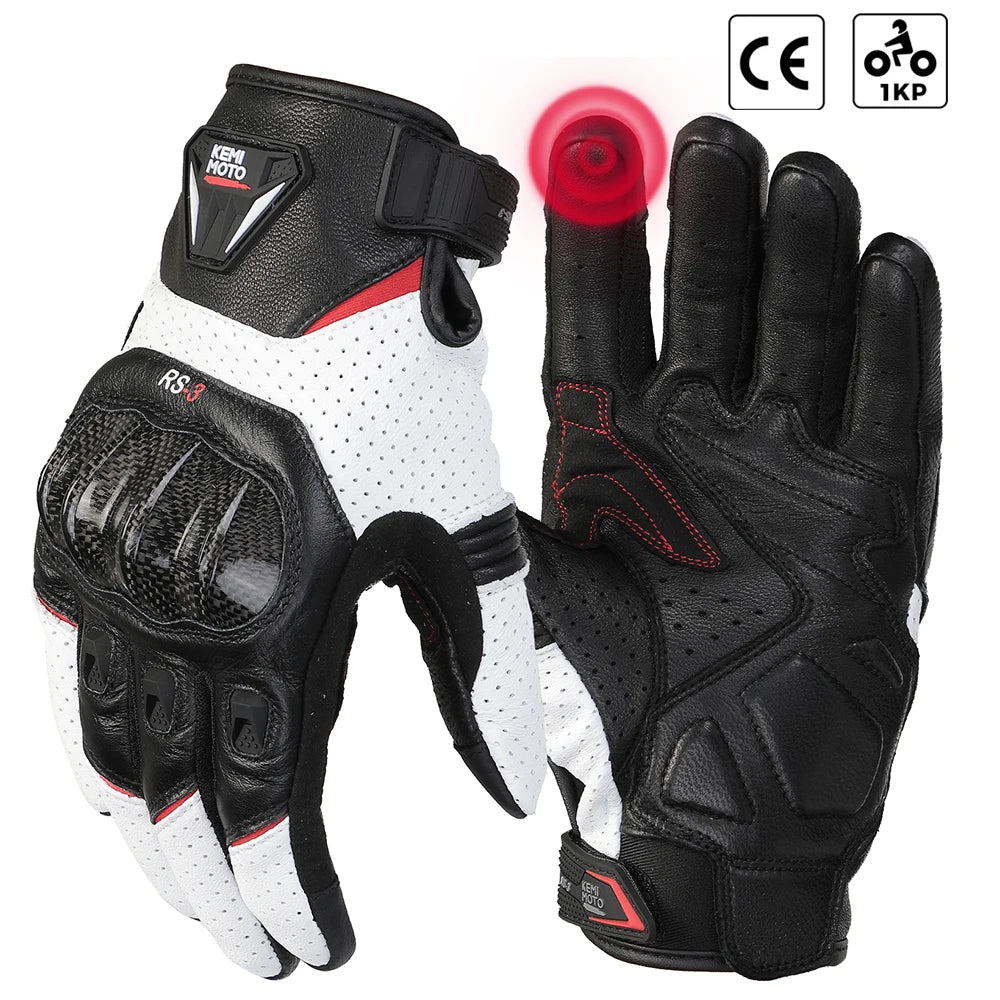 KEMITOUR Leather Motorcycle Gloves CE Men's Retro Moto Gloves Touch Screen Carbon Protective Motorbike Breathable For Summer