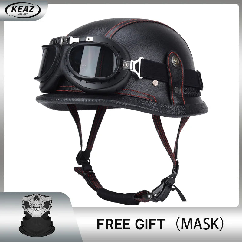 Factory Price Motorcycle German Style Leather Half Face Helmet DOT Approved Cap1/2 Shell Helmets+Goggles Open-Face Casque