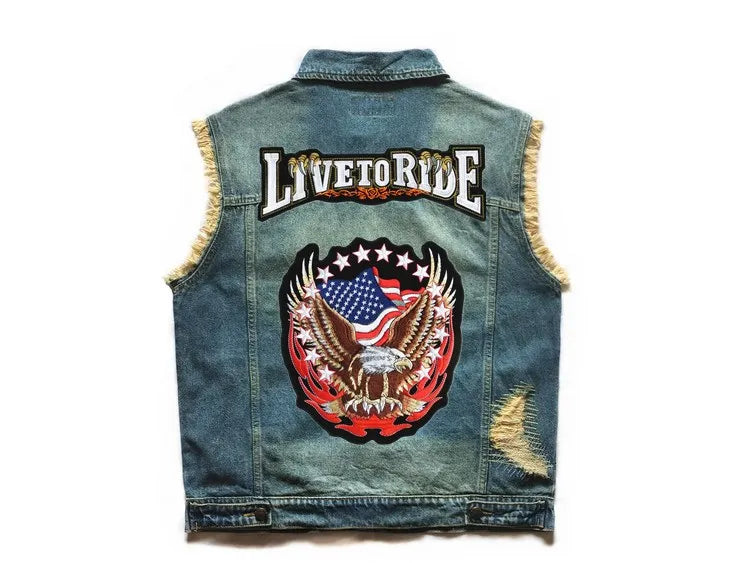 Embroidered Denim vest blue Jeans Patchwork Motorcycle Biker Jeans Sleeveless jacket punk Cowboy Fashion vest live to ride 6XL