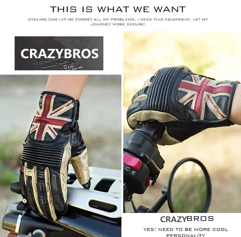 Retro Genuine Leather Motorcycle Gloves Unisex Outdoor Riding Protective Motocross Driving Gloves Touch Screen Size:S-3XL 2color