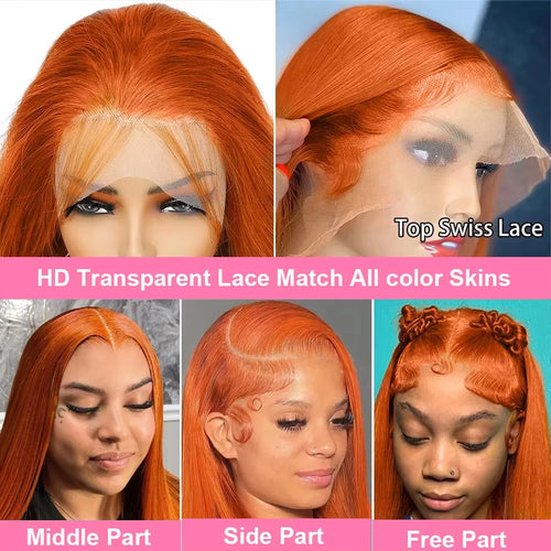 40 Inch Ginger 0range Bone Straight Hd Lace Human Hair Wig 13x6 Hd Lace Frontal Real Colored Brazilian Preplucked Wigs For Women