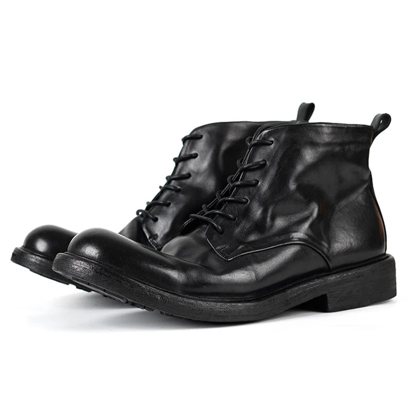 High Quality Cowhide Motorcycle Boots Men Genuine Leather Waterproof Motorbike Boots Vintage Hight-Top Moto Rider Ankle Boots