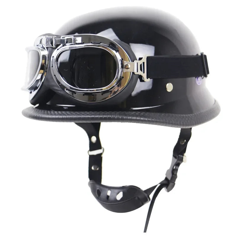 DOT Approved Chrome Silver Mirror German Style Motorcycle Half Helmet Vintage Pilot Helmet for Chopper Biker with Free Goggles