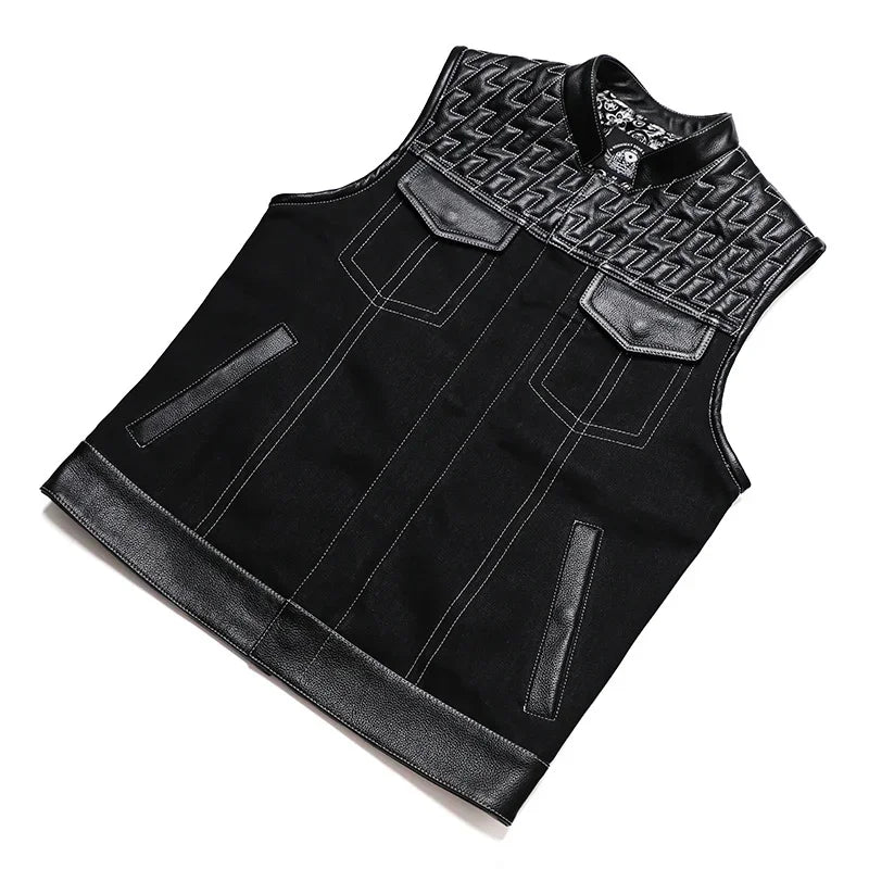 SOA Club Style Motorcycle Leather Vest Men Cowhide Denim Patchwork Waistcoat Sons of Anarchy Biker Vests Man Sleeveless Jacket
