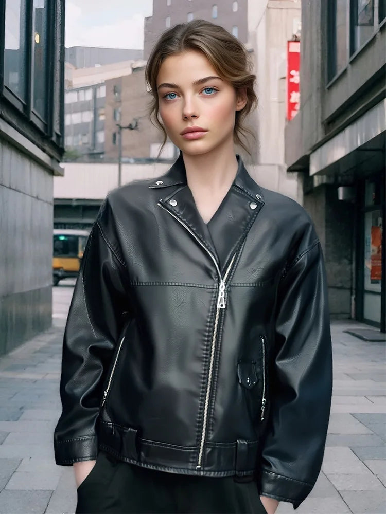 Autumn new women's leather jacket short top jacket PU leather jacket motorcycle jacket leather jacket zipper women's clothing