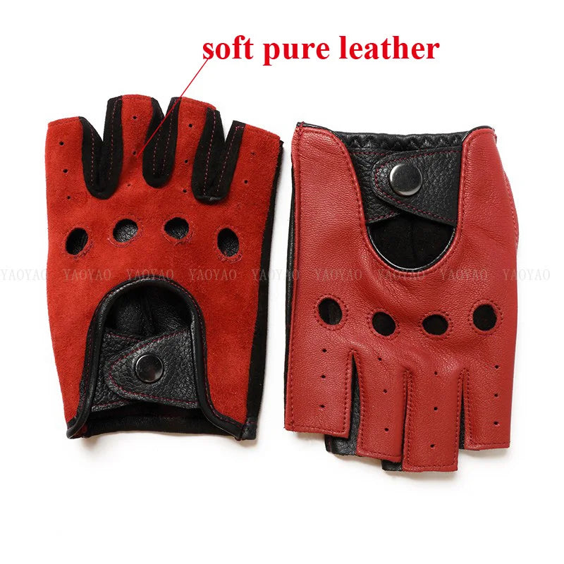 Spring Male100% Pure Real Leather Half Finger Thin Gloves Man Genuine Sheepskin Red/Brown/Blue Driving Riding Luvas Guantes