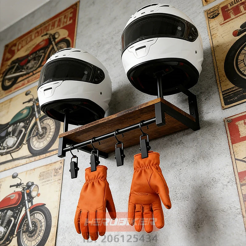 Motorcycle Helmet Wall Mount Wooden Shelf With Adjustable Hooks Sturdy Durable Storage For Motocross Bicycle Accessories