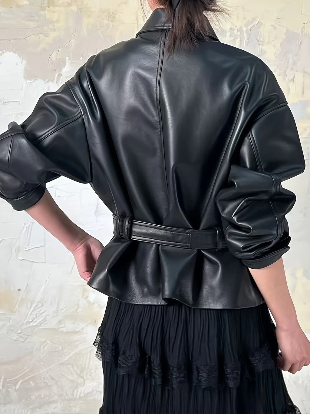 Women's retro loose leather motorcycle jacket lightweight long-sleeved zipper lapel cardigan street clothing trendy casual jacke