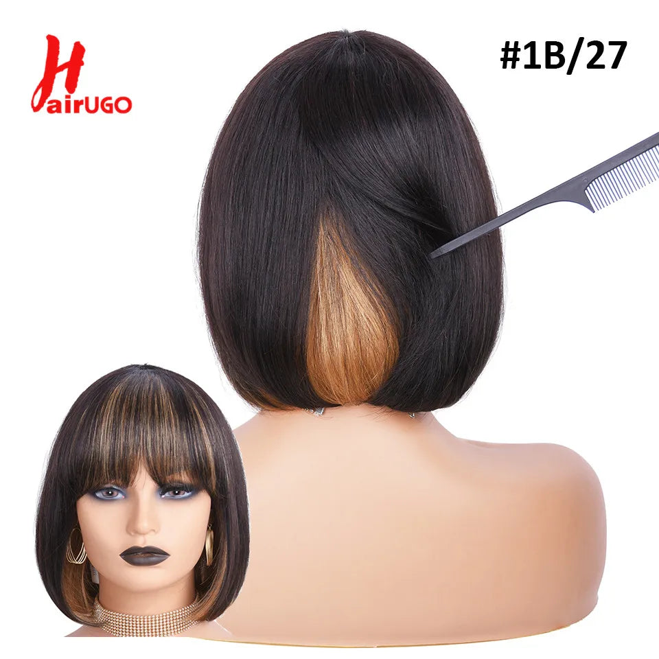 Purple Ombre Bob Straight Wigs Short BOB Human Hair Wigs With bangs Mix Color Bob Bangs Wigs P1B/27 Highlight Wigs For Party