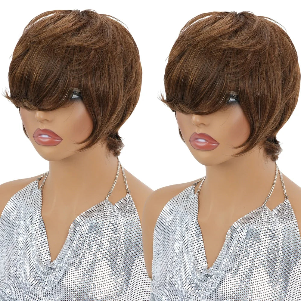 Short Straight Brown Textured Pixie Cut Human Hair Wig With Bangs Brazilian Remy layered shaggy pixie Wigs Machine Made