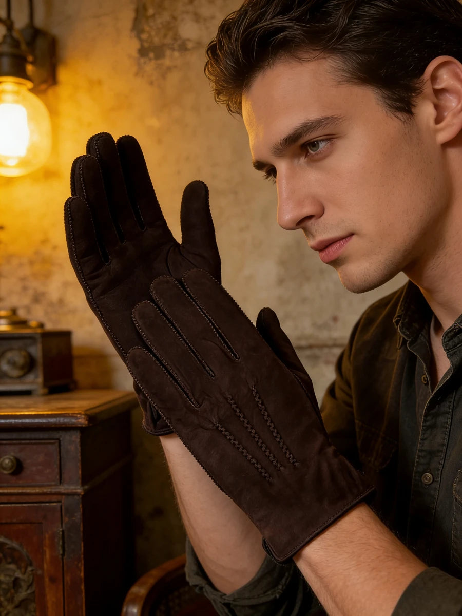 Men Retro Sheepskin Suede Leather Gloves Winter Warm Full Finger Dark Brown Gloves Riding Motorcycle Gloves